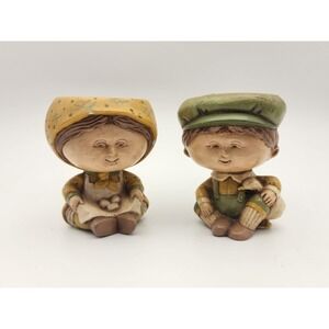 Vtg Candle Holders Antique Ceramic Boy Girl Set Farm Children‎ Moss Landing Folk